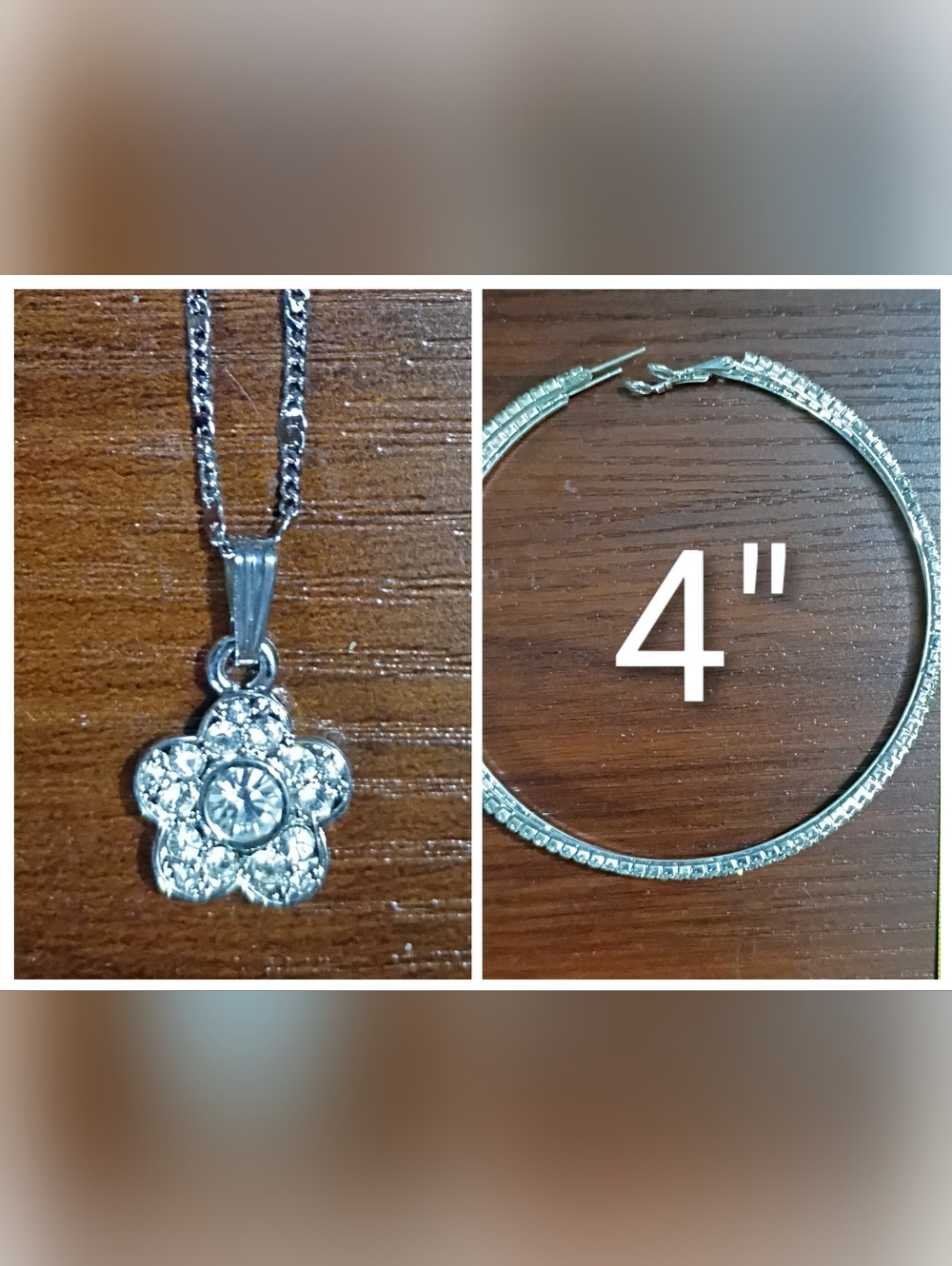 Silver Crystal Flower Pendant Necklace and Hoop Earrings Set
